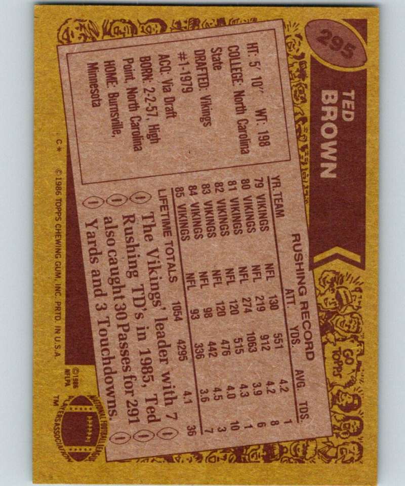 1986 Topps #295 Ted Brown Vikings NFL Football Image 2