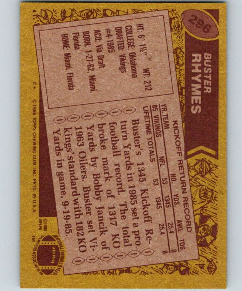 1986 Topps #296 Buster Rhymes Vikings NFL Football