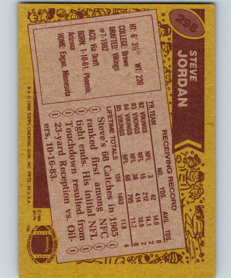 1986 Topps #298 Steve Jordan RC Rookie Vikings NFL Football