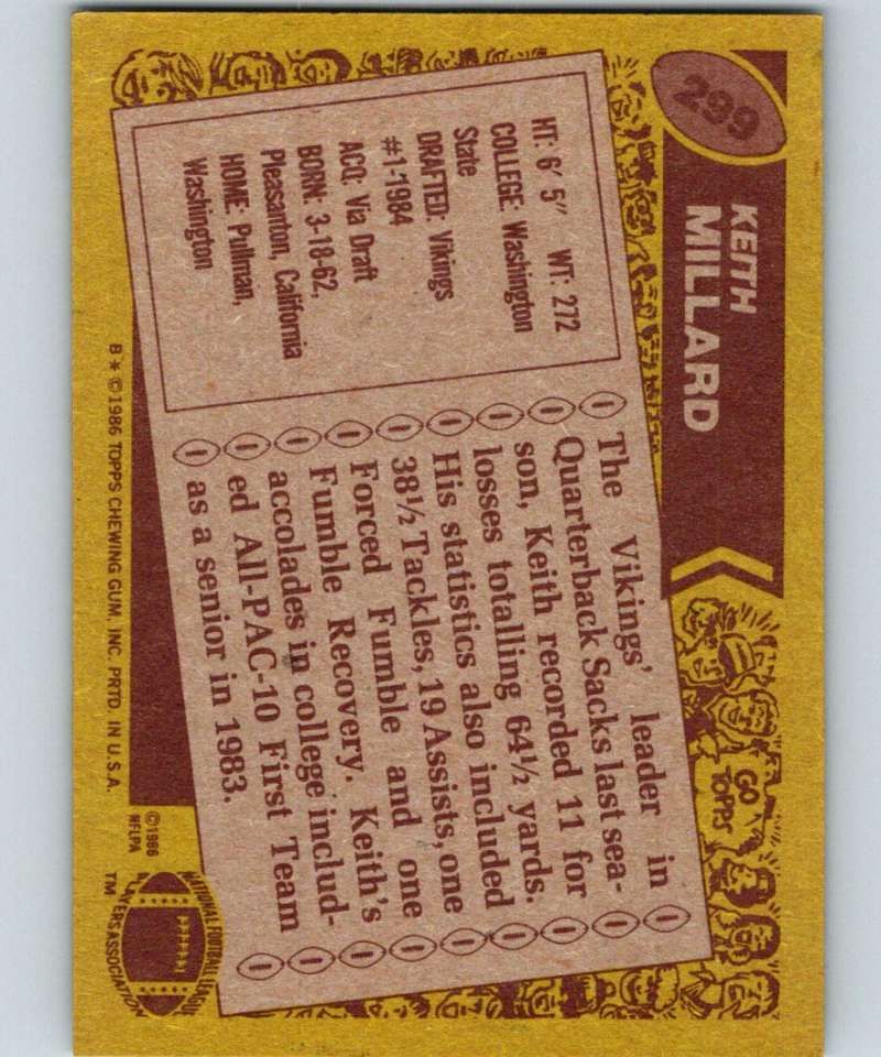 1986 Topps #299 Keith Millard RC Rookie Vikings NFL Football Image 2