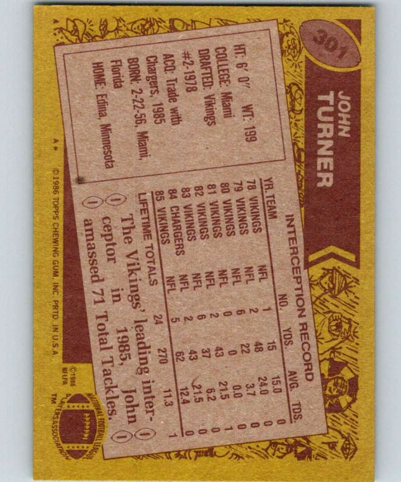 1986 Topps #301 John Turner Vikings NFL Football Image 2