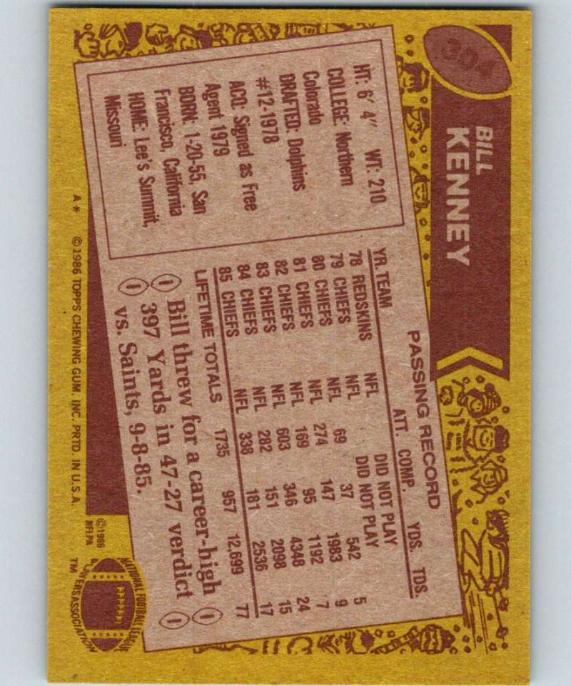 1986 Topps #304 Bill Kenney Chiefs NFL Football Image 2