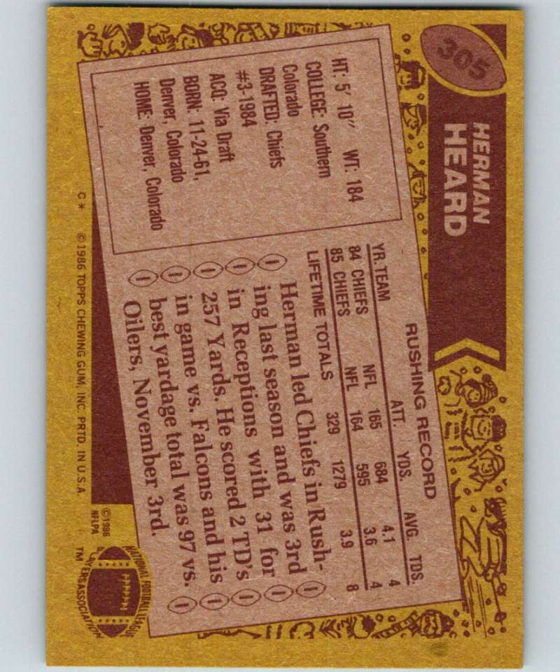 1986 Topps #305 Herman Heard Chiefs NFL Football Image 2