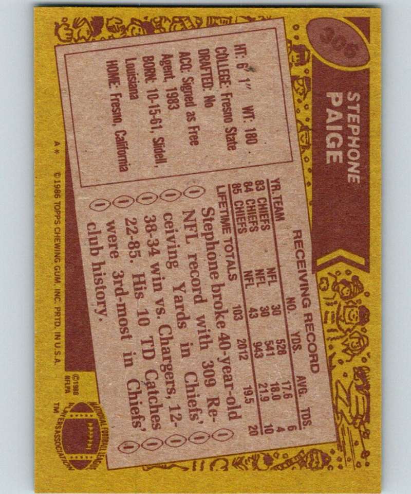 1986 Topps #306 Stephone Paige RC Rookie Chiefs NFL Football