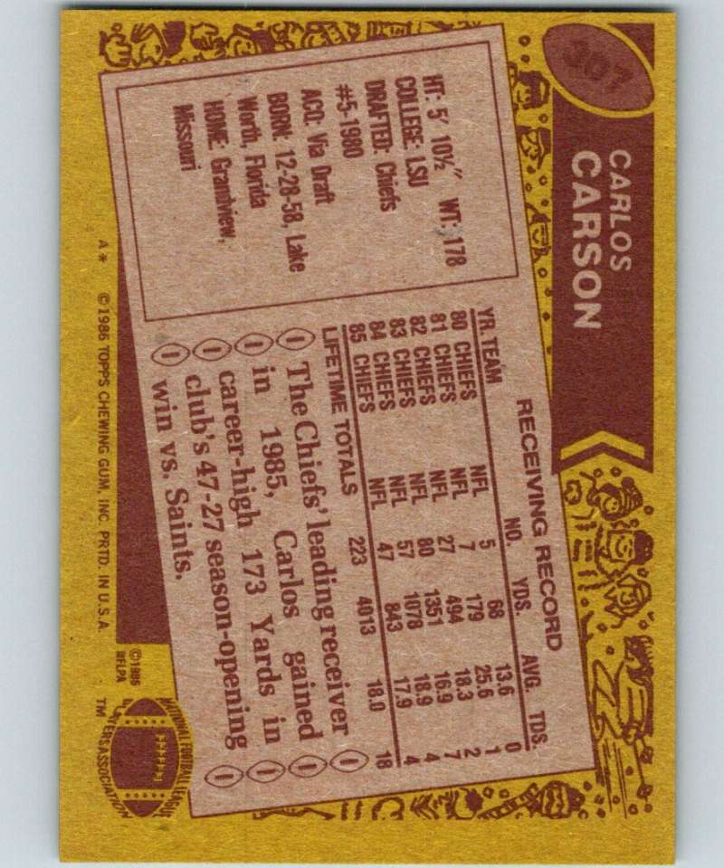 1986 Topps #307 Carlos Carson Chiefs NFL Football Image 2