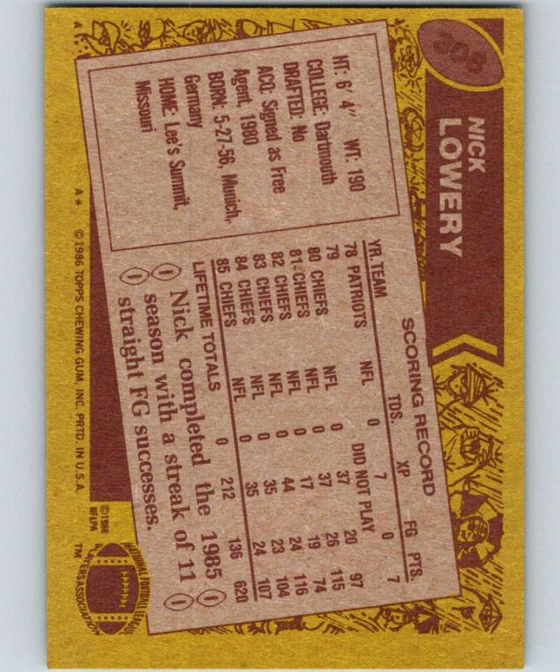 1986 Topps #308 Nick Lowery Chiefs NFL Football Image 2