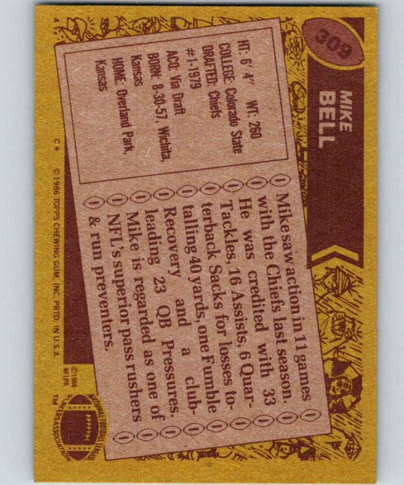 1986 Topps #309 Mike Bell Chiefs NFL Football Image 2