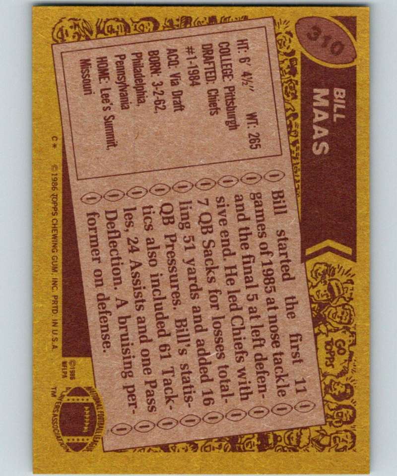 1986 Topps #310 Bill Maas Chiefs NFL Football Image 2