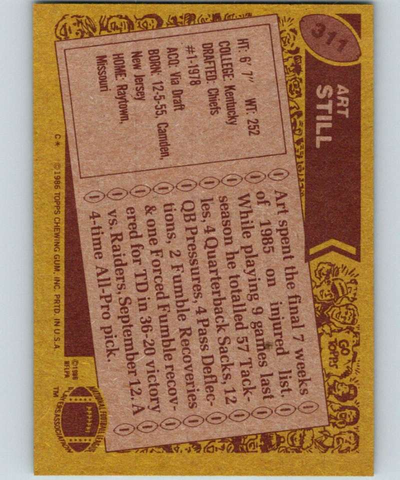 1986 Topps #311 Art Still Chiefs NFL Football Image 2