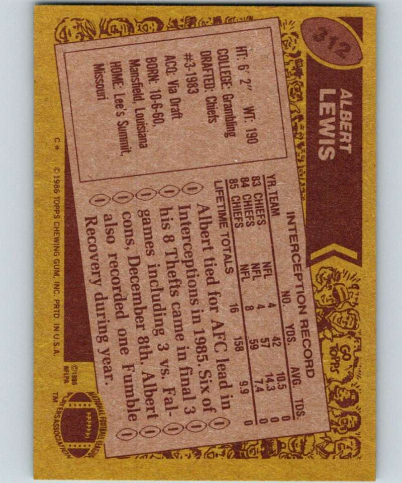 1986 Topps #312 Albert Lewis RC Rookie Chiefs NFL Football
