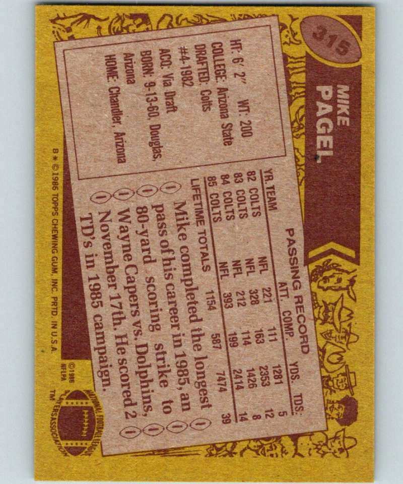 1986 Topps #315 Mike Pagel Colts NFL Football Image 2