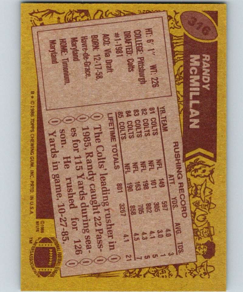1986 Topps #316 Randy McMillan Colts NFL Football Image 2