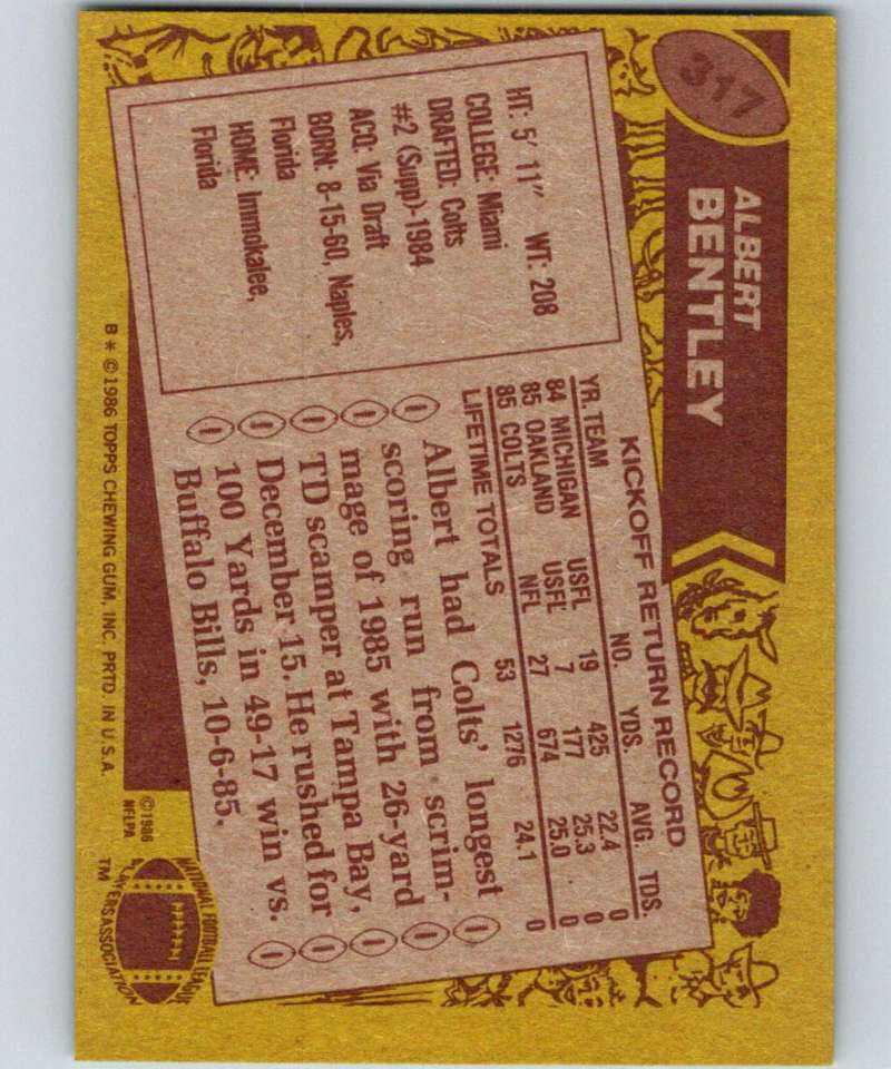1986 Topps #317 Albert Bentley RC Rookie Colts NFL Football Image 2