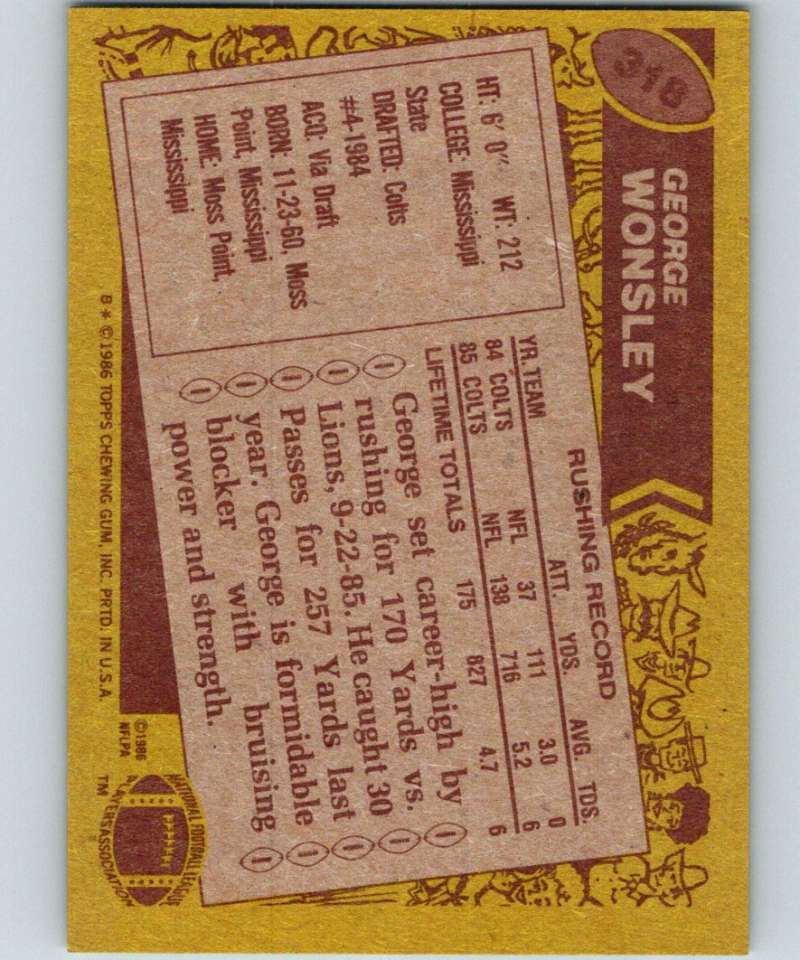 1986 Topps #318 George Wonsley RC Rookie Colts NFL Football