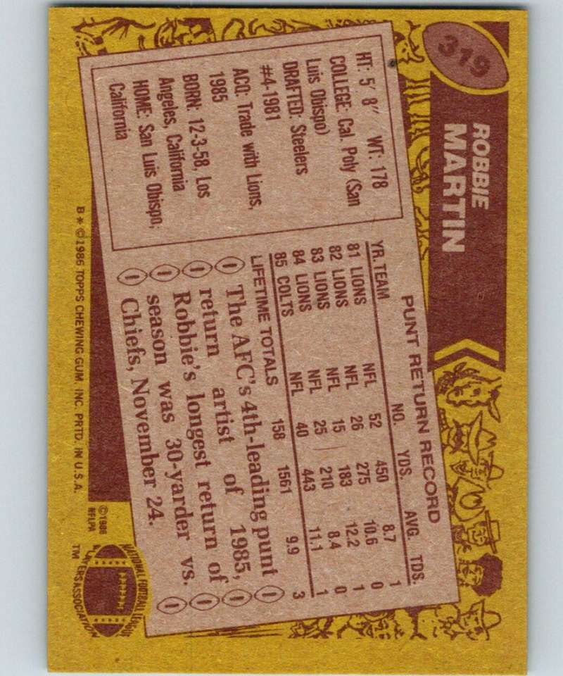 1986 Topps #319 Robbie Martin Colts NFL Football Image 2