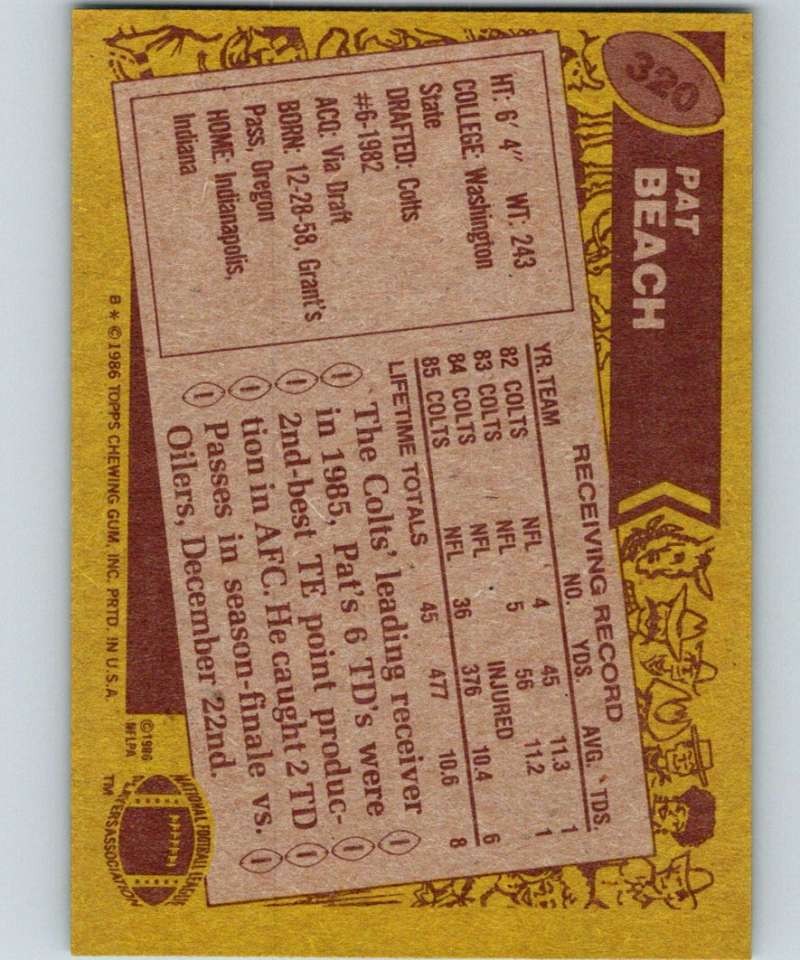1986 Topps #320 Pat Beach Colts NFL Football Image 2