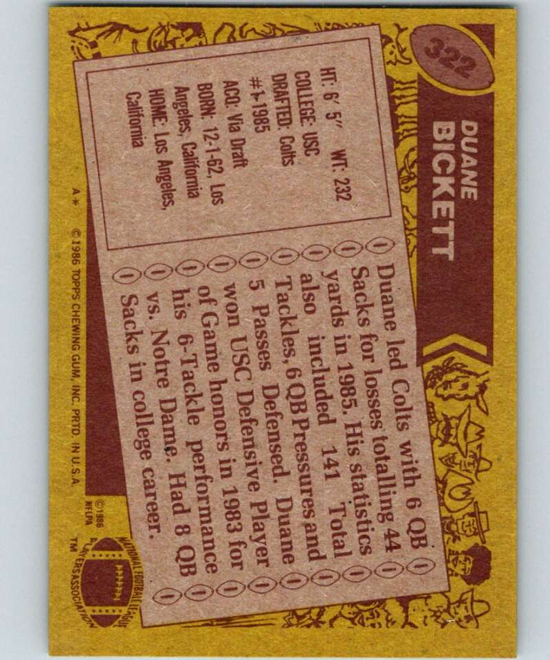 1986 Topps #322 Duane Bickett RC Rookie Colts NFL Football Image 2