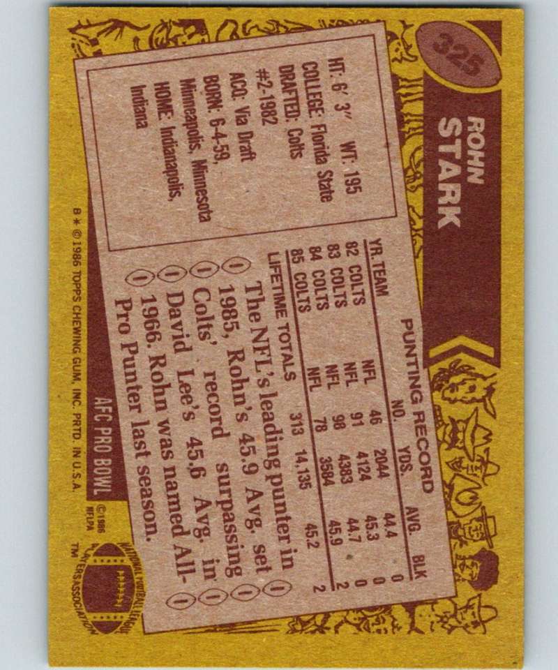 1986 Topps #325 Rohn Stark Colts NFL Football Image 2