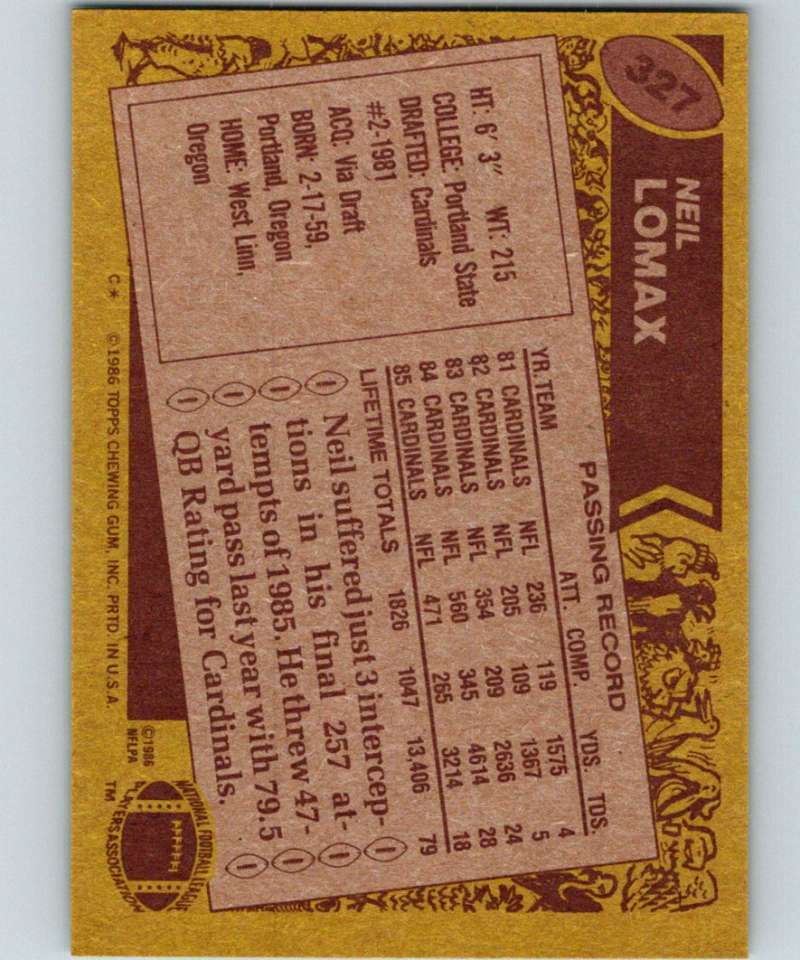 1986 Topps #327 Neil Lomax Cardinals NFL Football