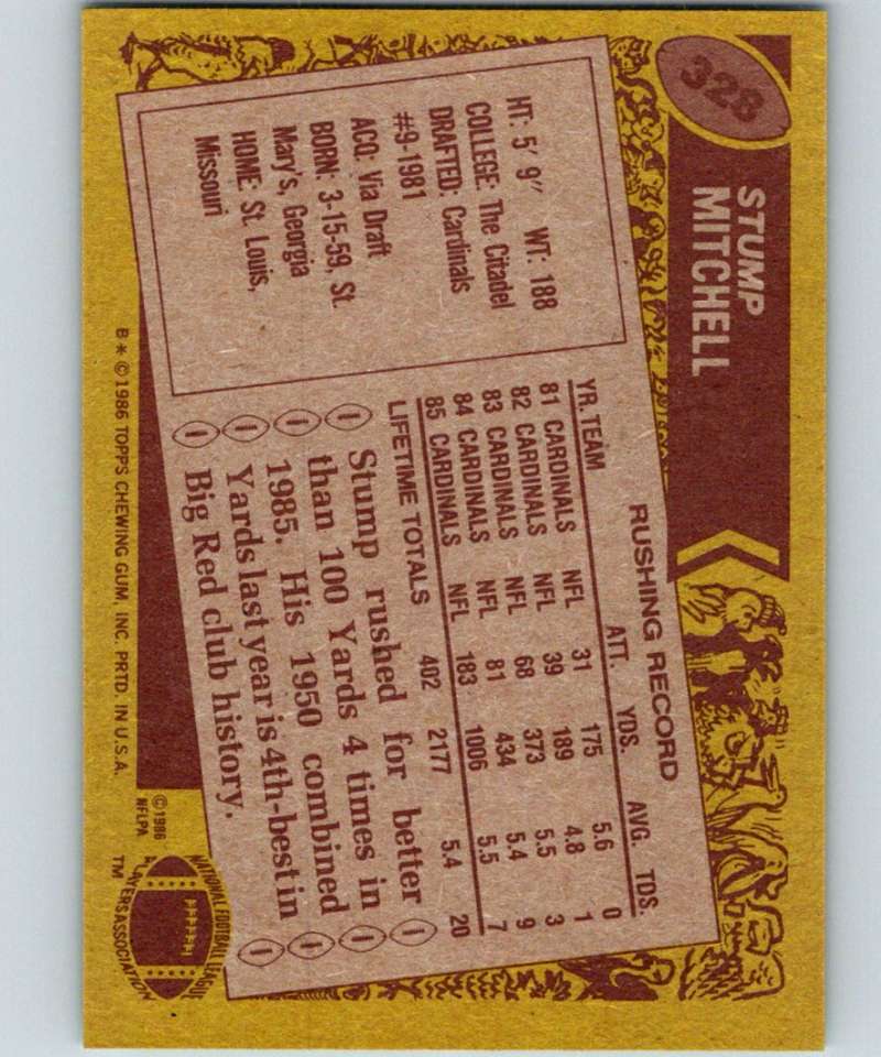 1986 Topps #328 Stump Mitchell Cardinals NFL Football