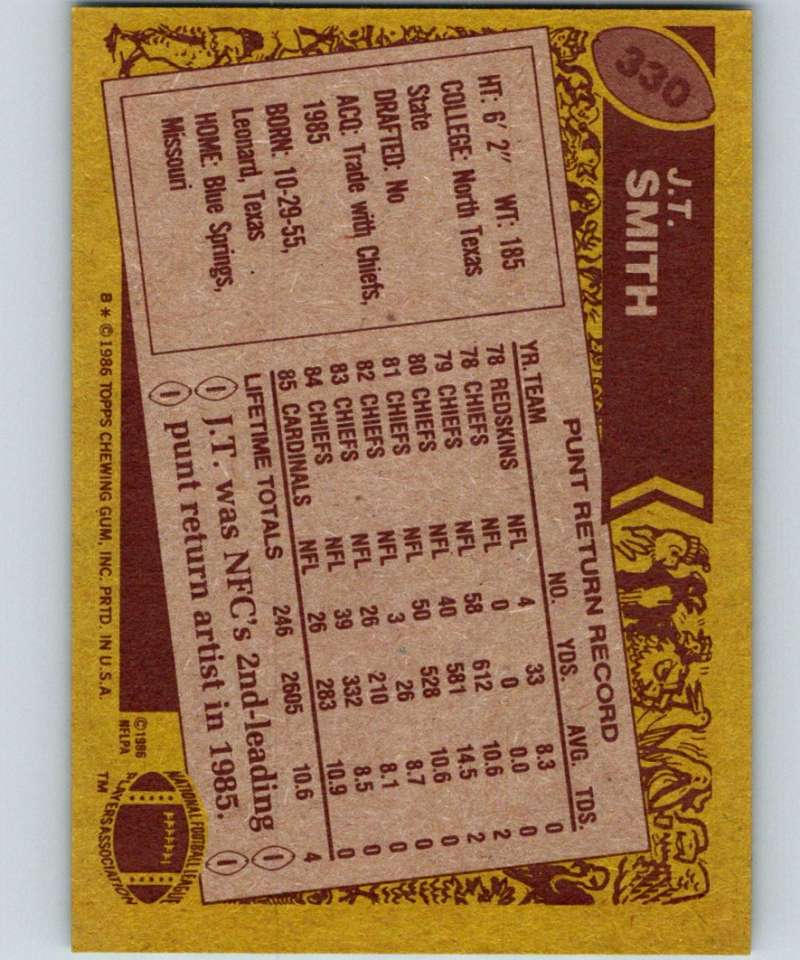1986 Topps #330 J.T.Smith Cardinals NFL Football Image 2