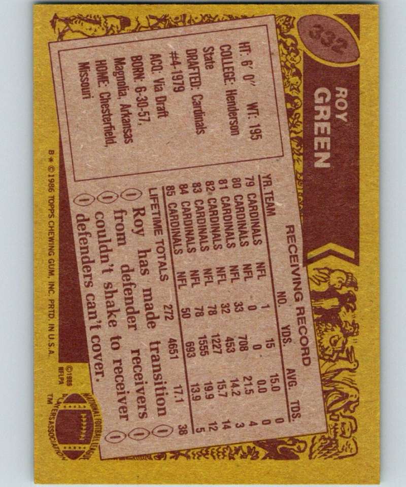 1986 Topps #332 Roy Green Cardinals NFL Football Image 2