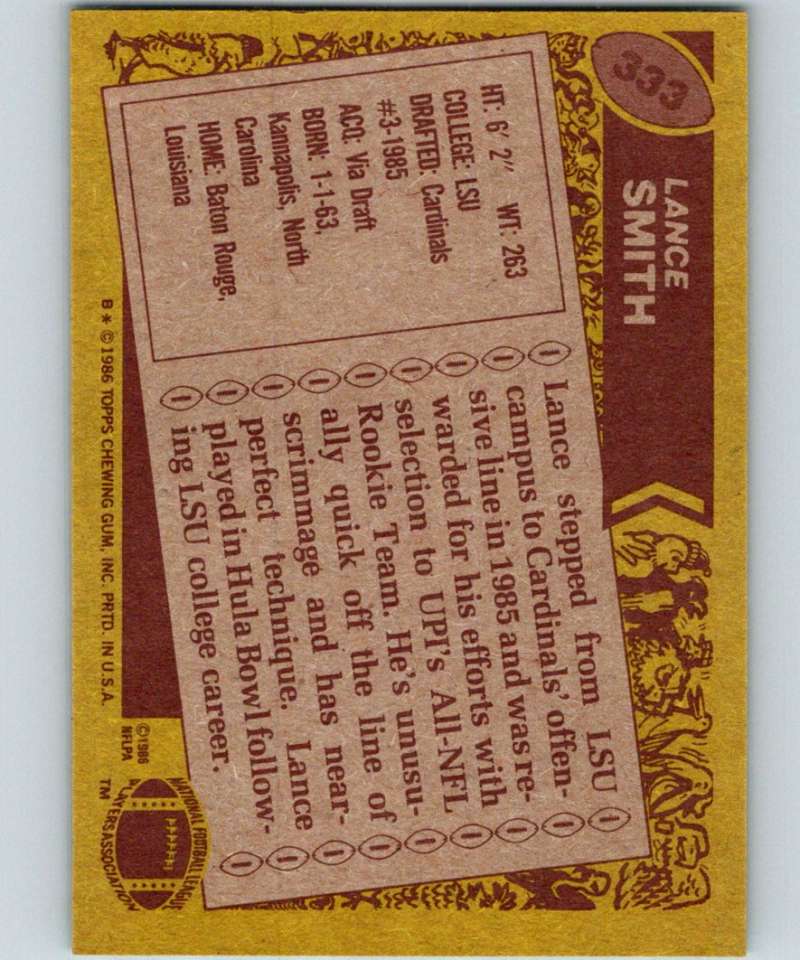 1986 Topps #333 Lance Smith RC Rookie Cardinals NFL Football Image 2