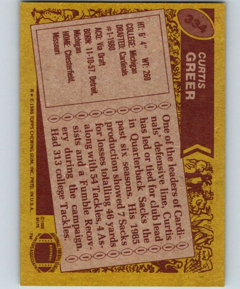 1986 Topps #334 Curtis Greer Cardinals NFL Football Image 2