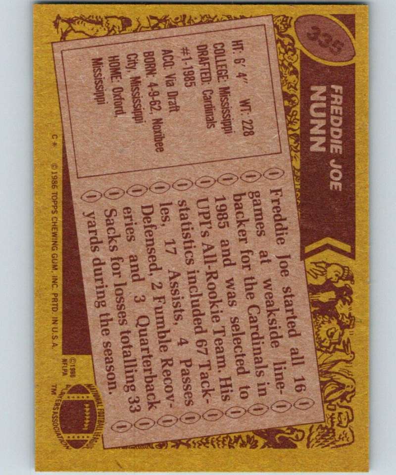 1986 Topps #335 Freddie Joe Nunn RC Rookie Cardinals NFL Football
