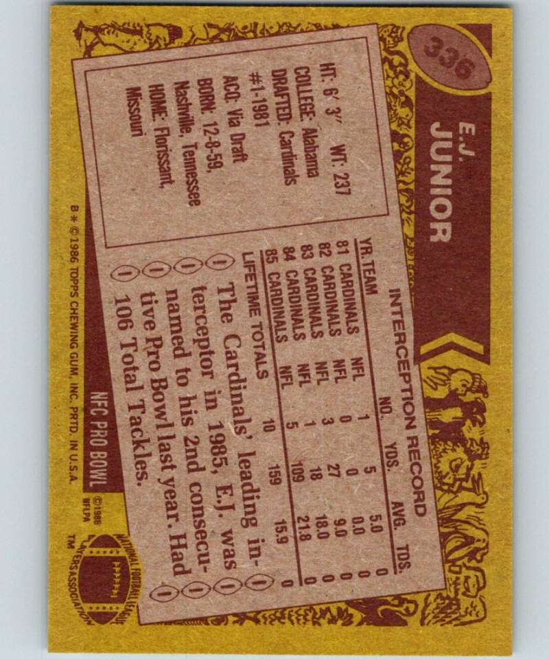 1986 Topps #336 E.J. Junior Cardinals NFL Football Image 2