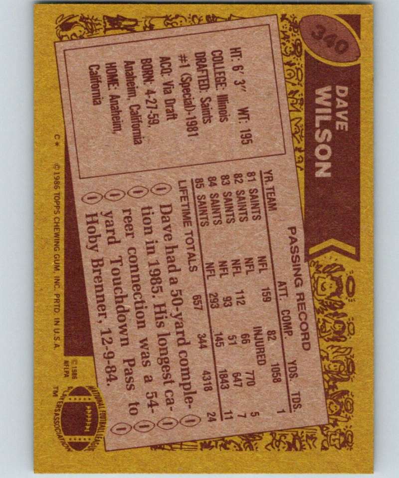 1986 Topps #340 Dave Wilson Saints NFL Football Image 2