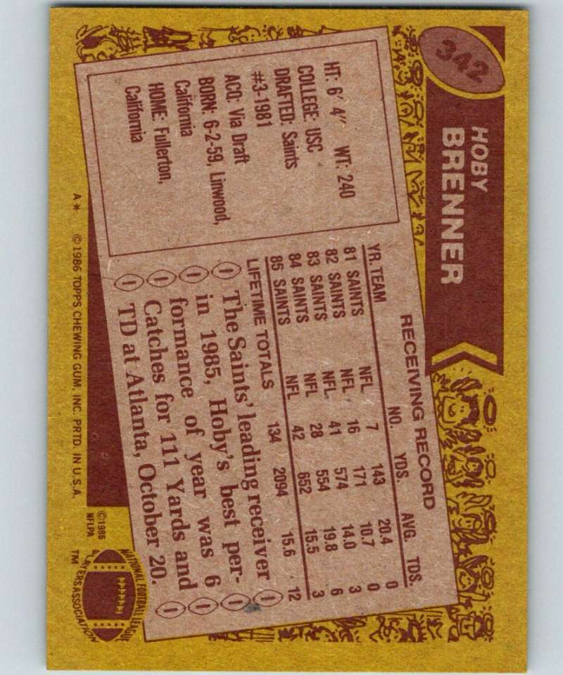 1986 Topps #342 Hoby Brenner Saints NFL Football Image 2