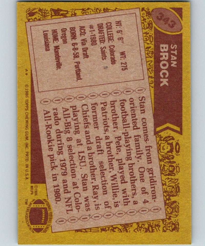 1986 Topps #343 Stan Brock Saints NFL Football Image 2