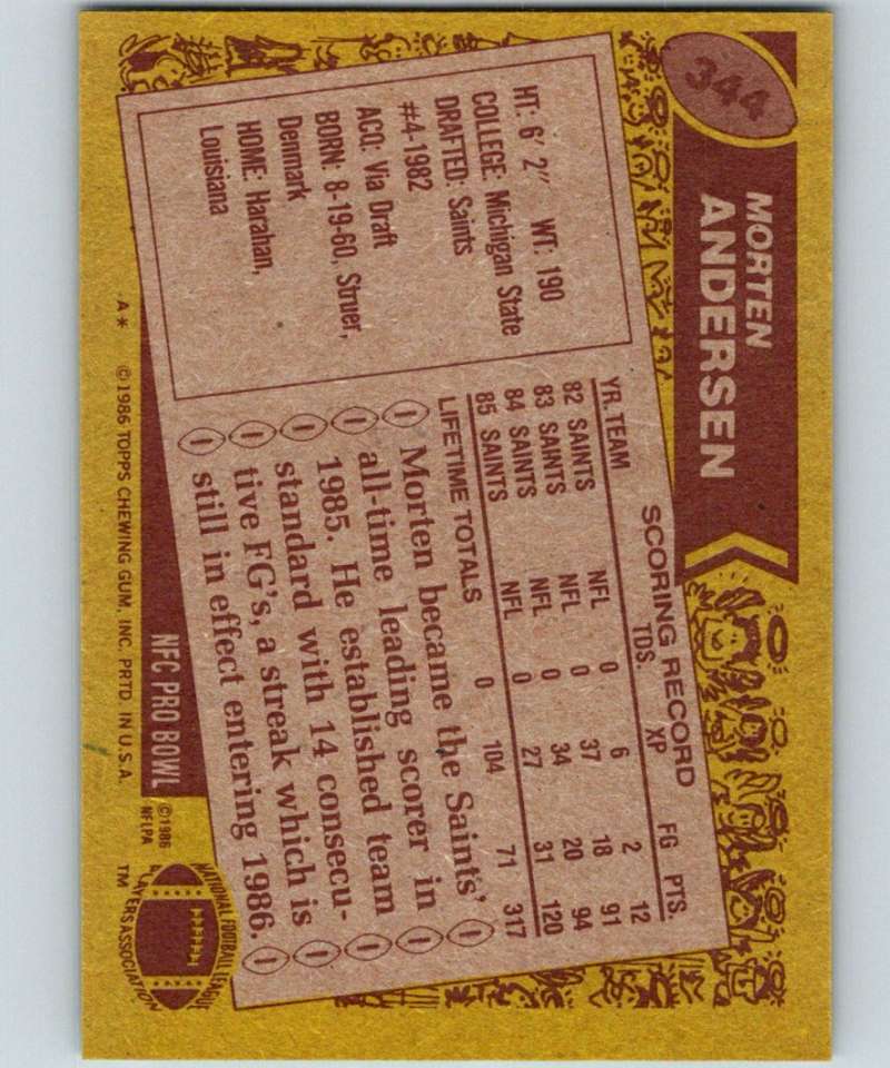 1986 Topps #344 Morten Andersen Saints NFL Football Image 2