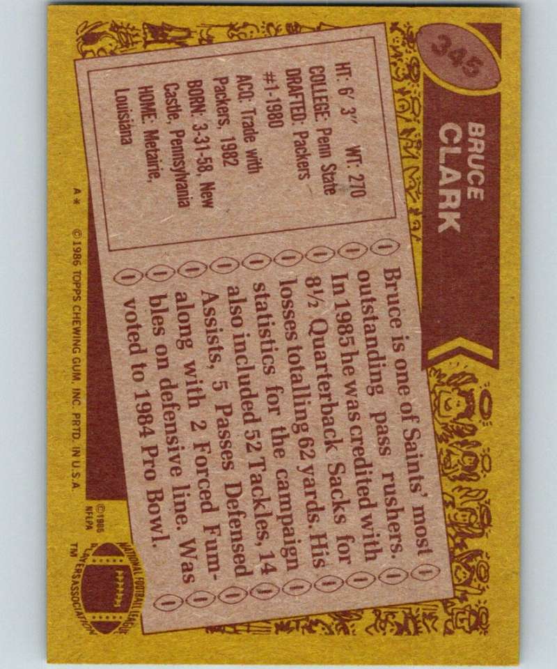 1986 Topps #345 Bruce Clark Saints NFL Football Image 2