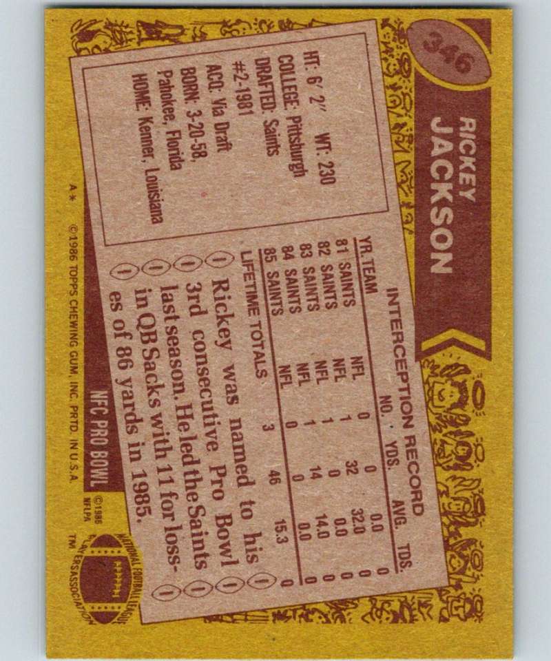 1986 Topps #346 Rickey Jackson Saints NFL Football Image 2