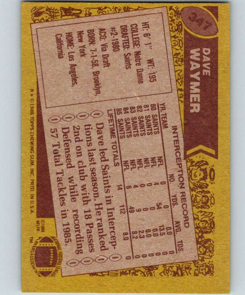 1986 Topps #347 Dave Waymer Saints NFL Football Image 2