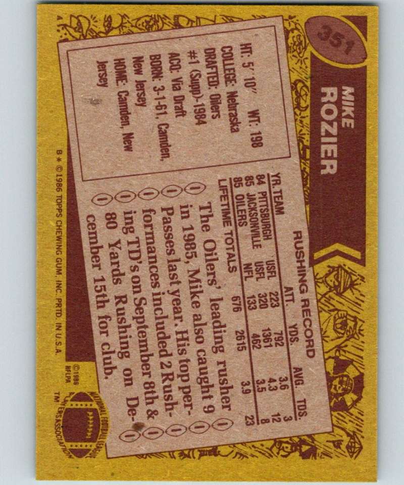1986 Topps #351 Mike Rozier RC Rookie Oilers NFL Football Image 2