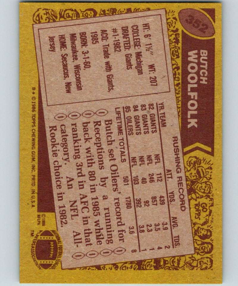 1986 Topps #352 Butch Woolfolk Oilers NFL Football