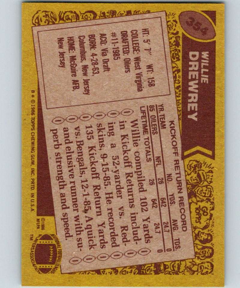 1986 Topps #354 Willie Drewrey RC Rookie Oilers NFL Football Image 2