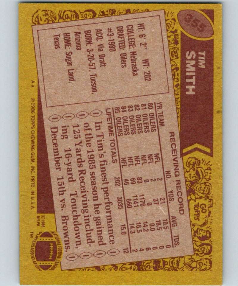 1986 Topps #355 Tim Smith Oilers NFL Football