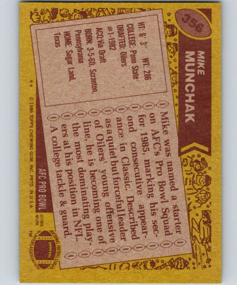 1986 Topps #356 Mike Munchak Oilers NFL Football Image 2