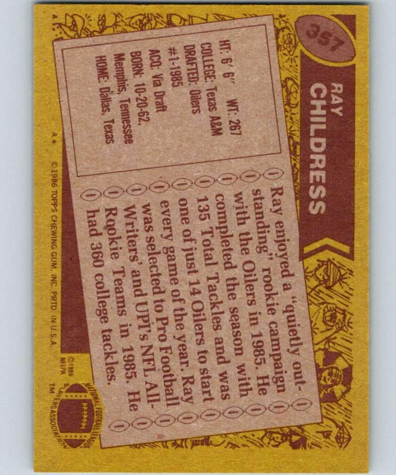 1986 Topps #357 Ray Childress RC Rookie Oilers NFL Football Image 2