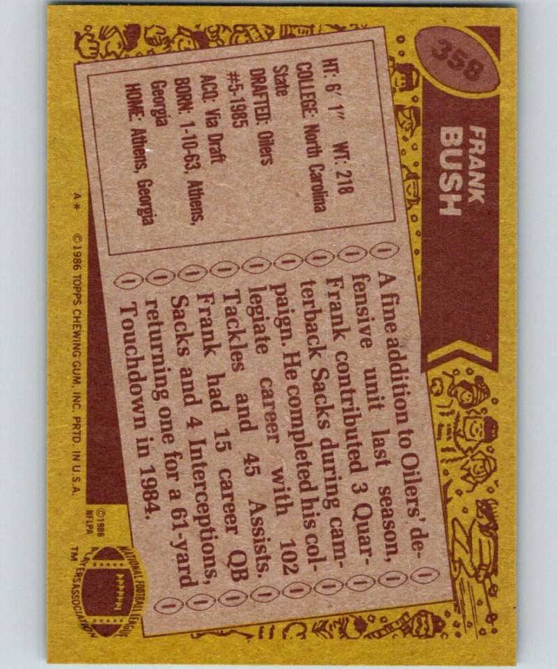 1986 Topps #358 Frank Bush Oilers NFL Football Image 2