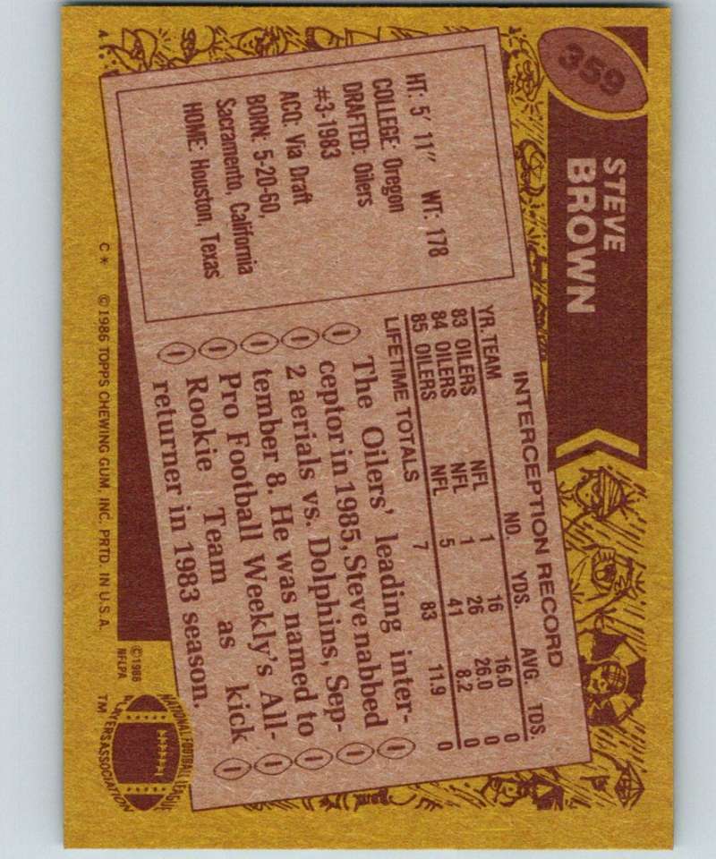 1986 Topps #359 Steve Brown Oilers NFL Football Image 2