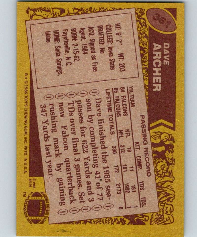 1986 Topps #361 David Archer RC Rookie Falcons NFL Football