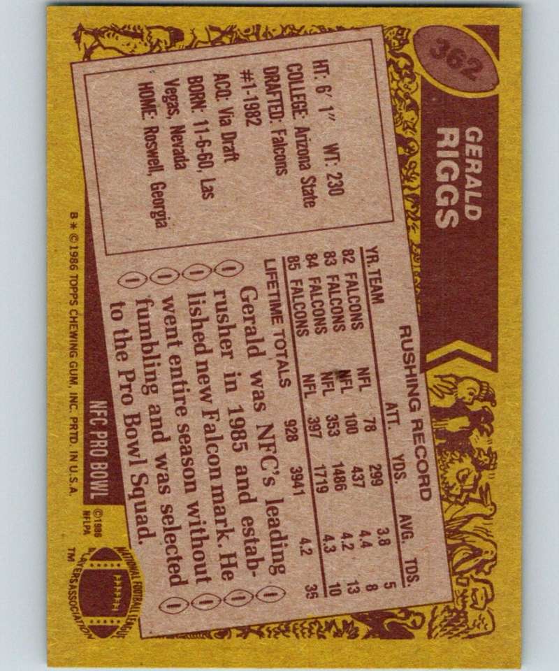 1986 Topps #362 Gerald Riggs Falcons NFL Football Image 2