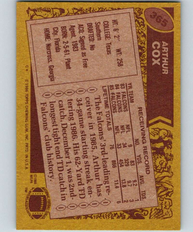 1986 Topps #365 Arthur Cox Falcons NFL Football Image 2