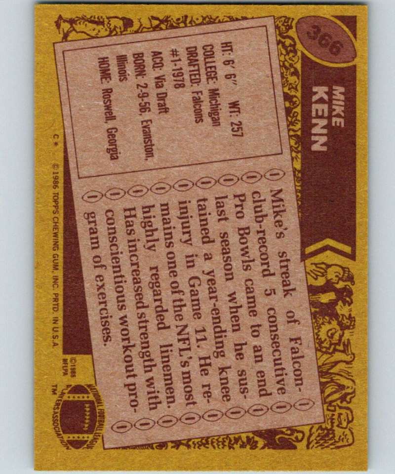 1986 Topps #366 Mike Kenn Falcons NFL Football Image 2