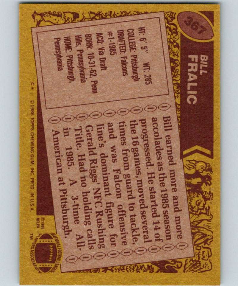 1986 Topps #367 Bill Fralic RC Rookie Falcons NFL Football Image 2